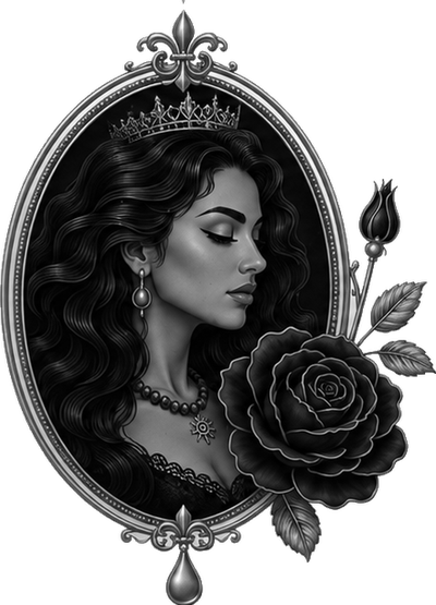El medallón de elPerfume: una mujer de perfil, coronada, junto a una rosa